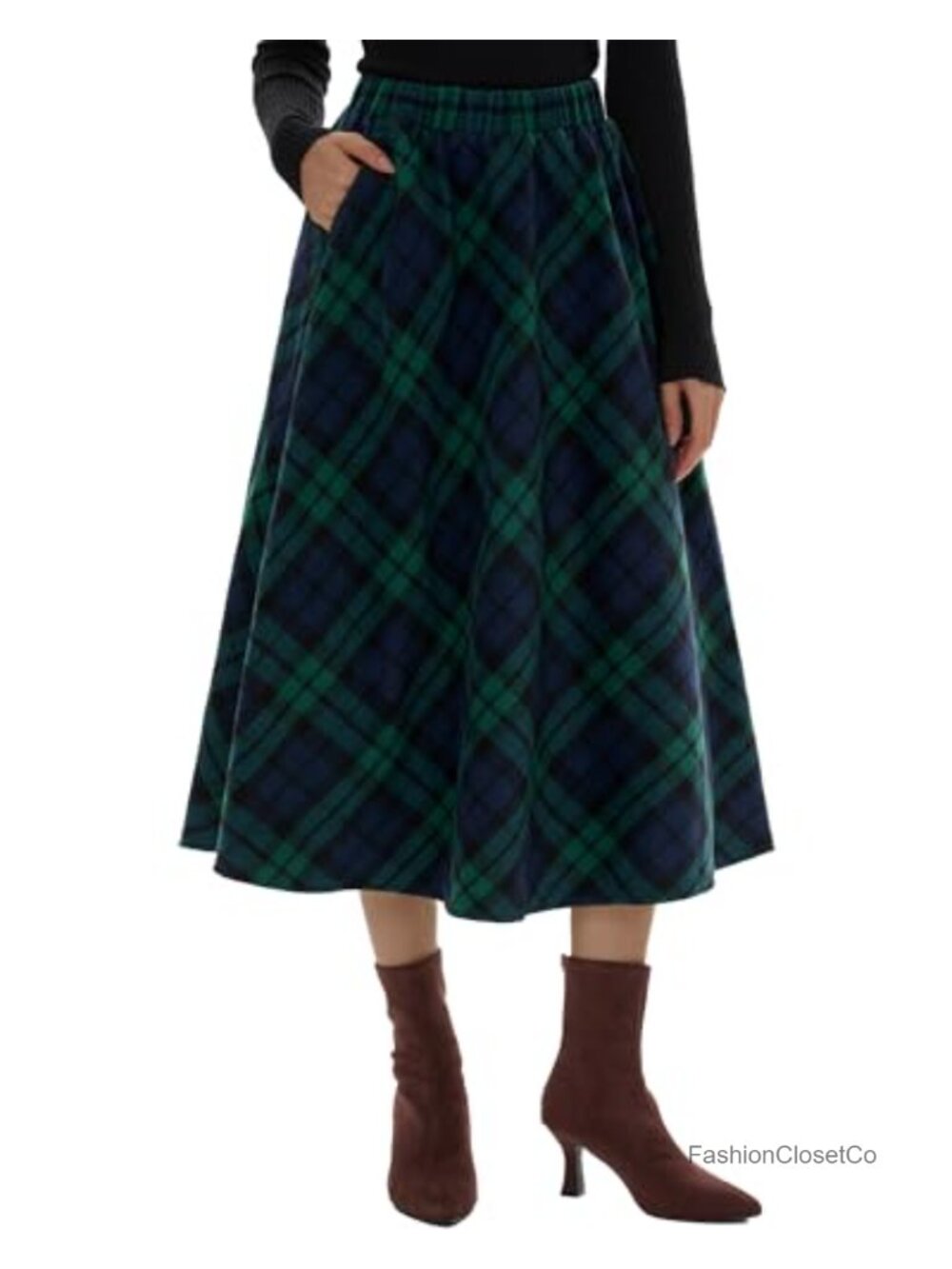 Women's Long Plaid Wool Blend A-Line High Waisted Skirt Pockets Fall Winter